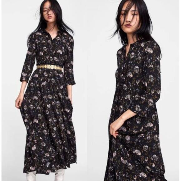 Zara Long Black Floral Dandelion Print Shirt Collared Button Down Maxi Dress - Picture 1 of 16